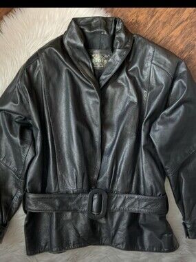 Black Oversized Leather Belted Jacket - Women